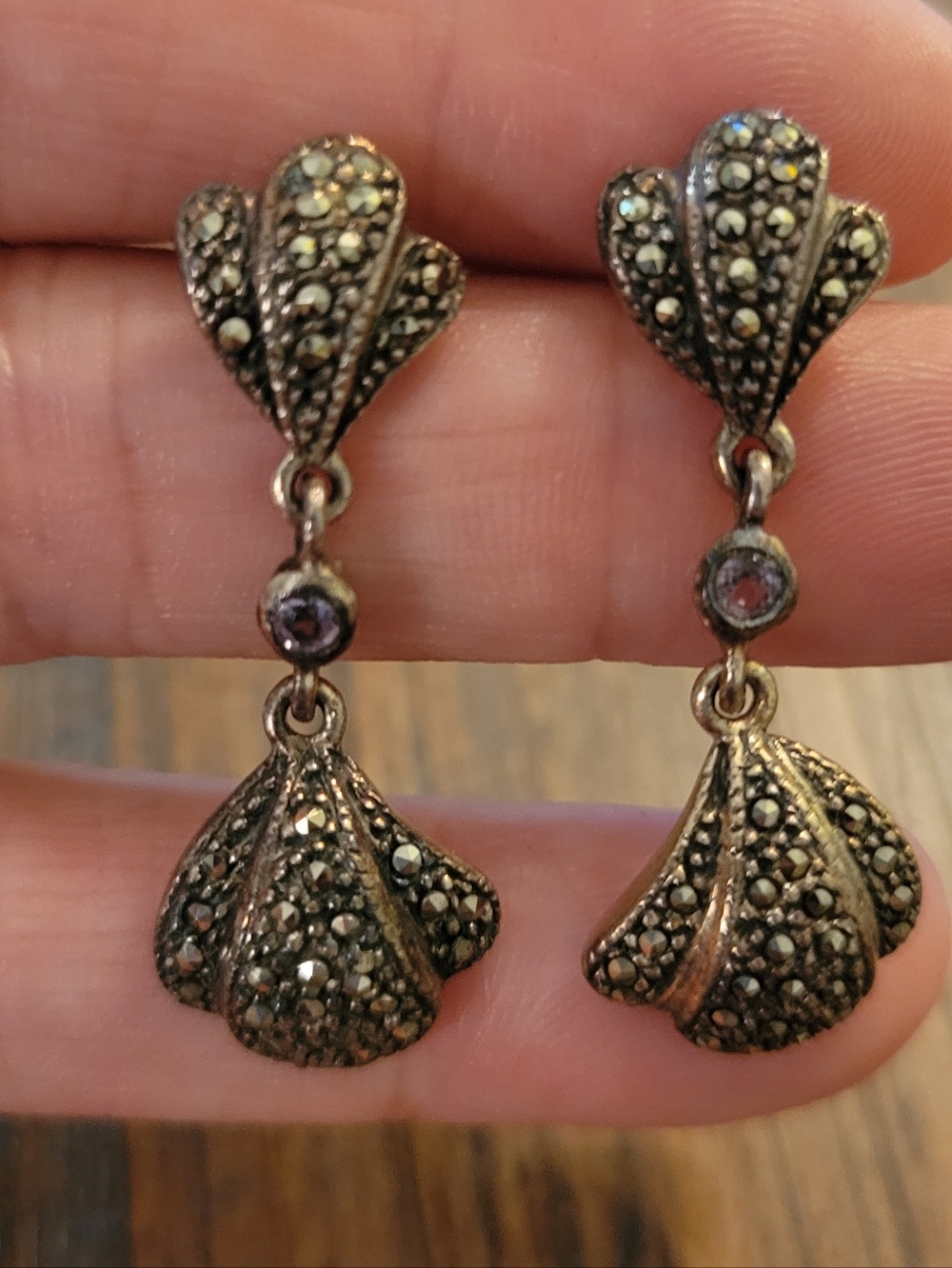 Vintage Sterling Silver & Marcasite Dangle Earrings - Picture 4 of 6